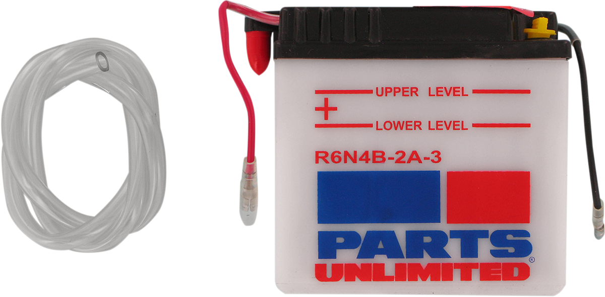 Parts Unlimited conventional motorcycle battery 6N4B-2A-3, reliable power source with visible terminals and battery casing.