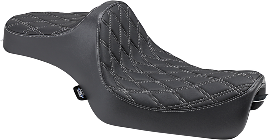 Drag Specialties Predator III seat for Harley-Davidson XL '04-'22, silver stitching with mounting hardware, double diamond design.