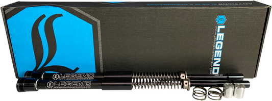 Legend Suspension AXEO +2 front suspension for 2006-2017 Dyna, 49mm raised front end with coil springs and suspension components.