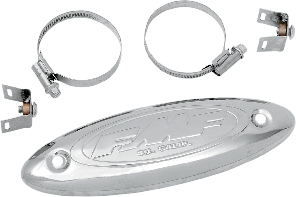 Stainless steel FMF Universal Header Heat Shield installed on motorcycle exhaust system, protects against heat and enhances appearance.