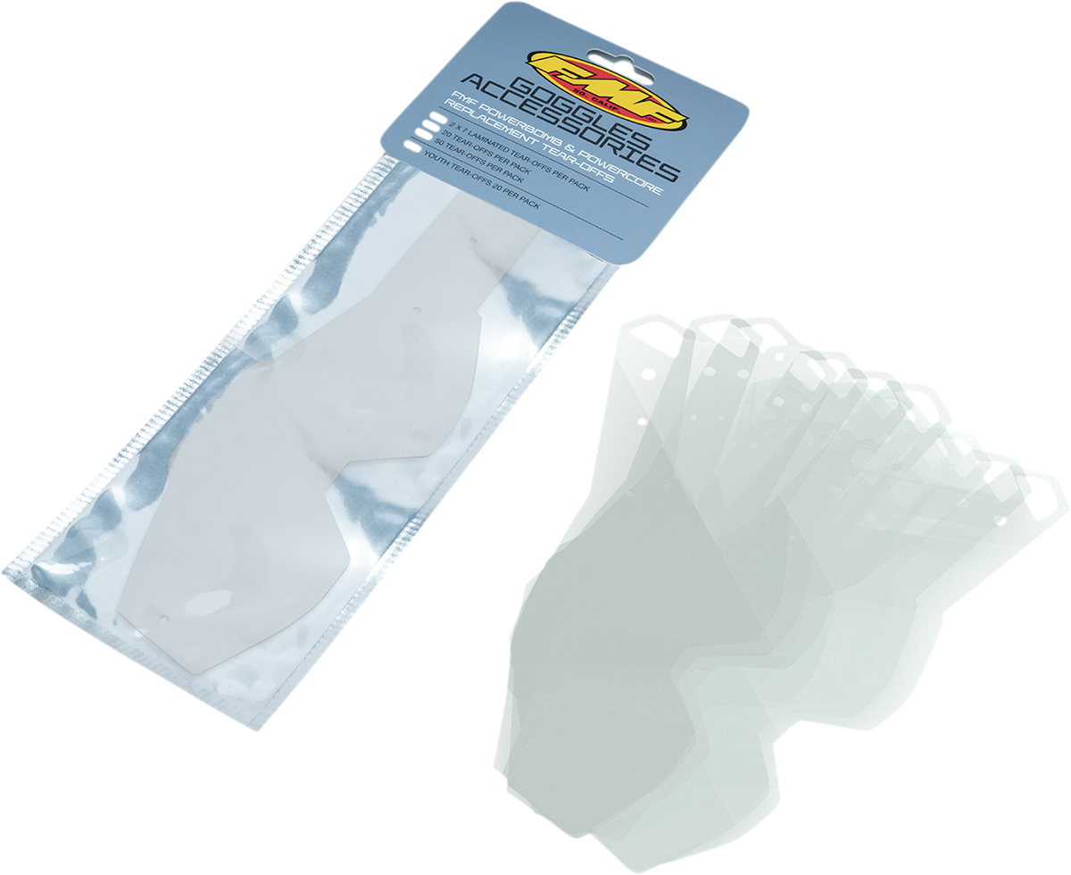 FMF PowerBomb PowerCore tear-offs standard 20 pack, clear plastic lens covers for motocross goggles on a white background