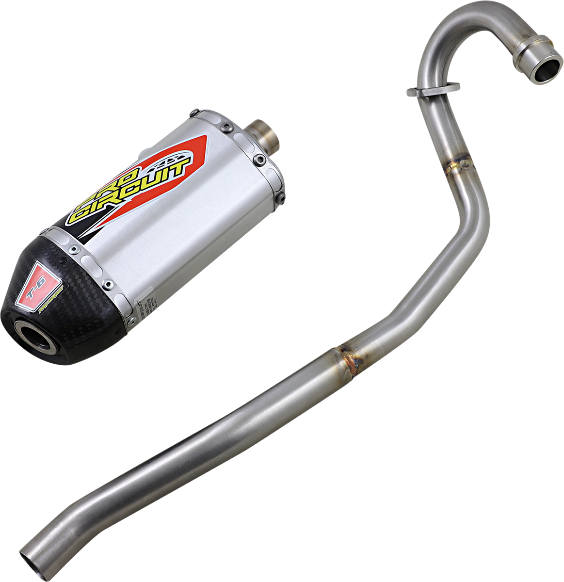 Pro Circuit T-6 exhaust system for off-road and closed course riding, shown in a close-up image highlighting the exhaust pipe and branding.