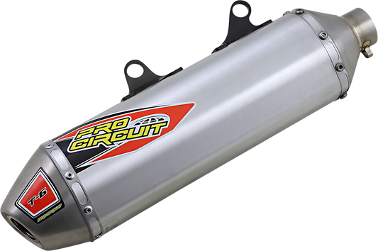 Pro Circuit T-6 stainless steel slip-on muffler for off-road motorcycles, showing the sleek silencer with branding details.