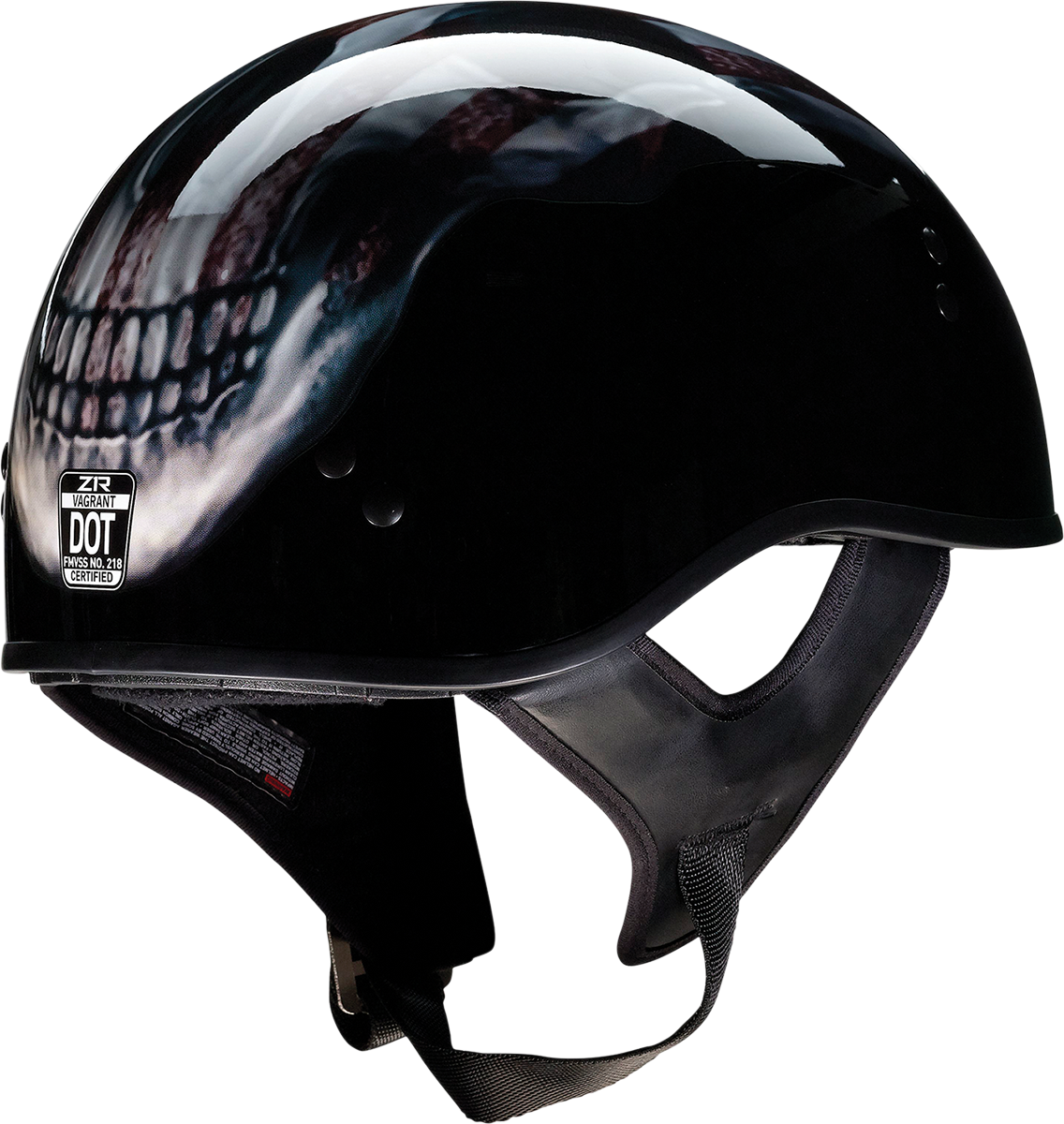 Z1R Vagrant Motorcycle Helmet in black with skull design, drop-down sun visor, small size, removable liner, USA-made.
