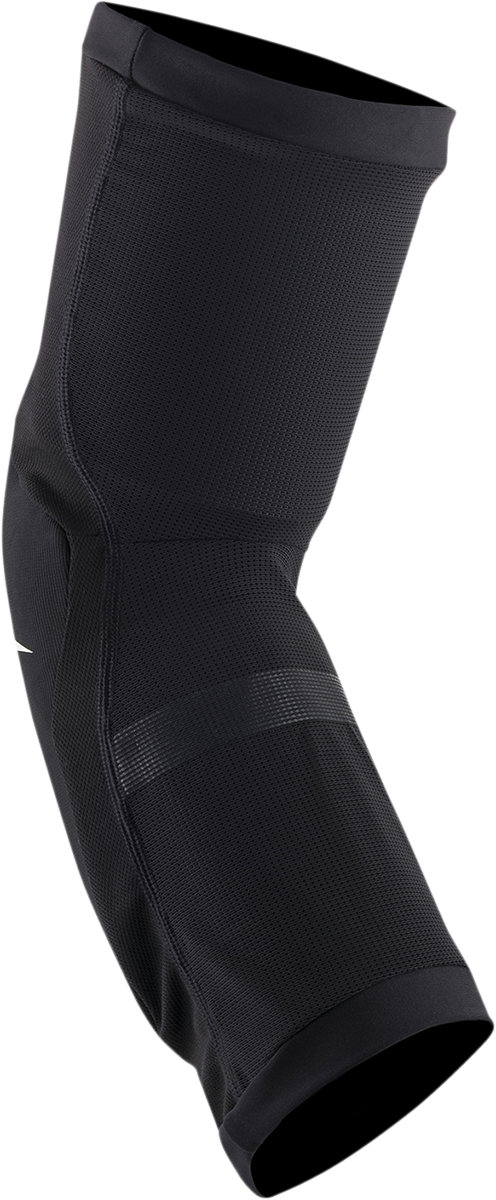 Alpinestars Youth Paragon Plus knee guards in black and white, protective gear designed for kids, size L/XL, shown on a plain background.