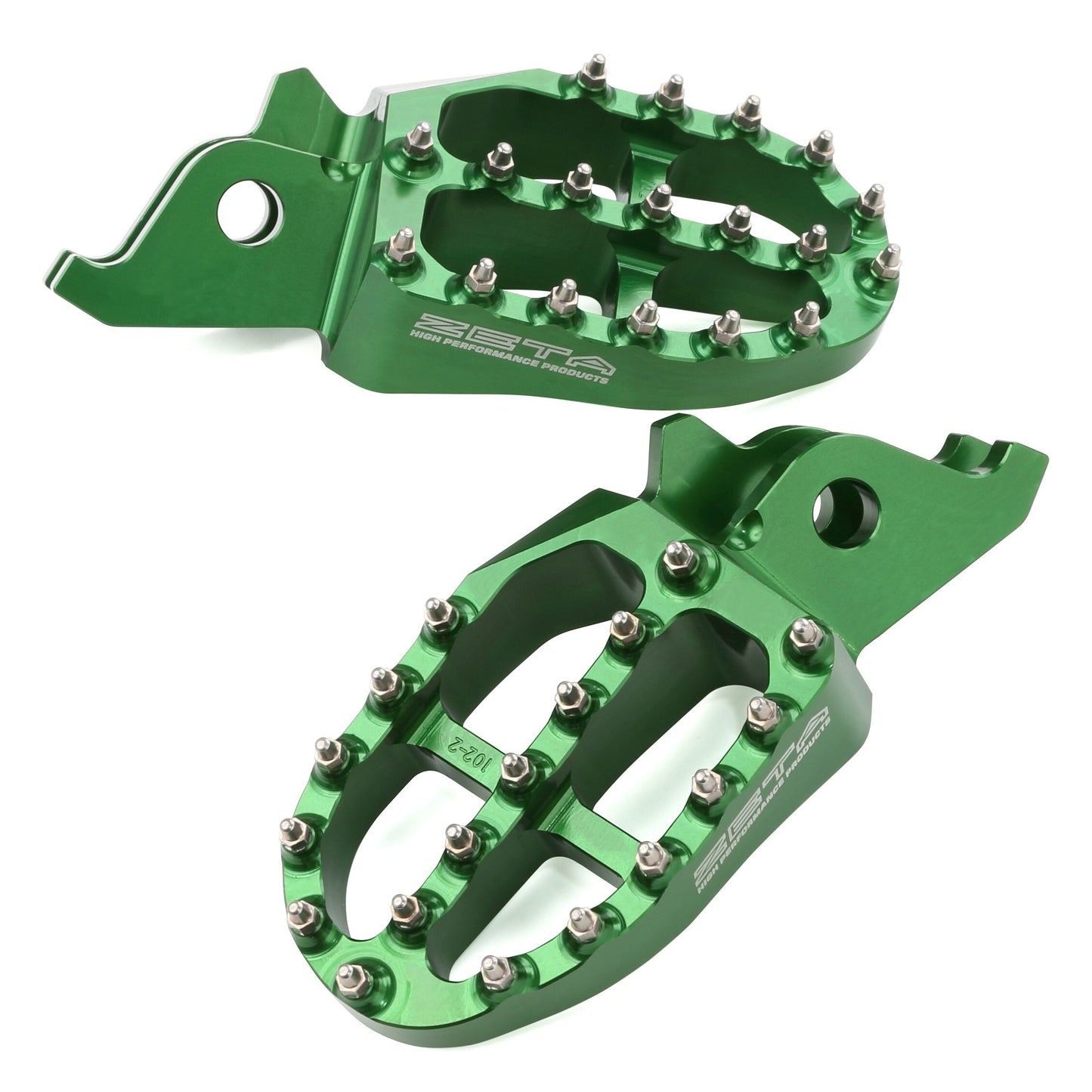 ZETA aluminum green footpegs for MX bikes, part number ZE93-1224, showing textured surface and mounting pins