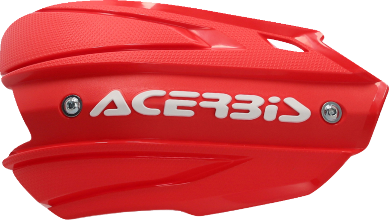 A pair of ACERBIS Endurance X handshields in red and white, designed for motorcycle body protection and durability.