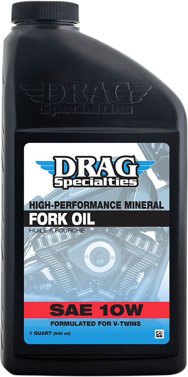 DRAG SPECIALTIES OIL Fork Oil 10W Medium in a 1 U.S. Quart container, suitable for motorcycle suspension forks.