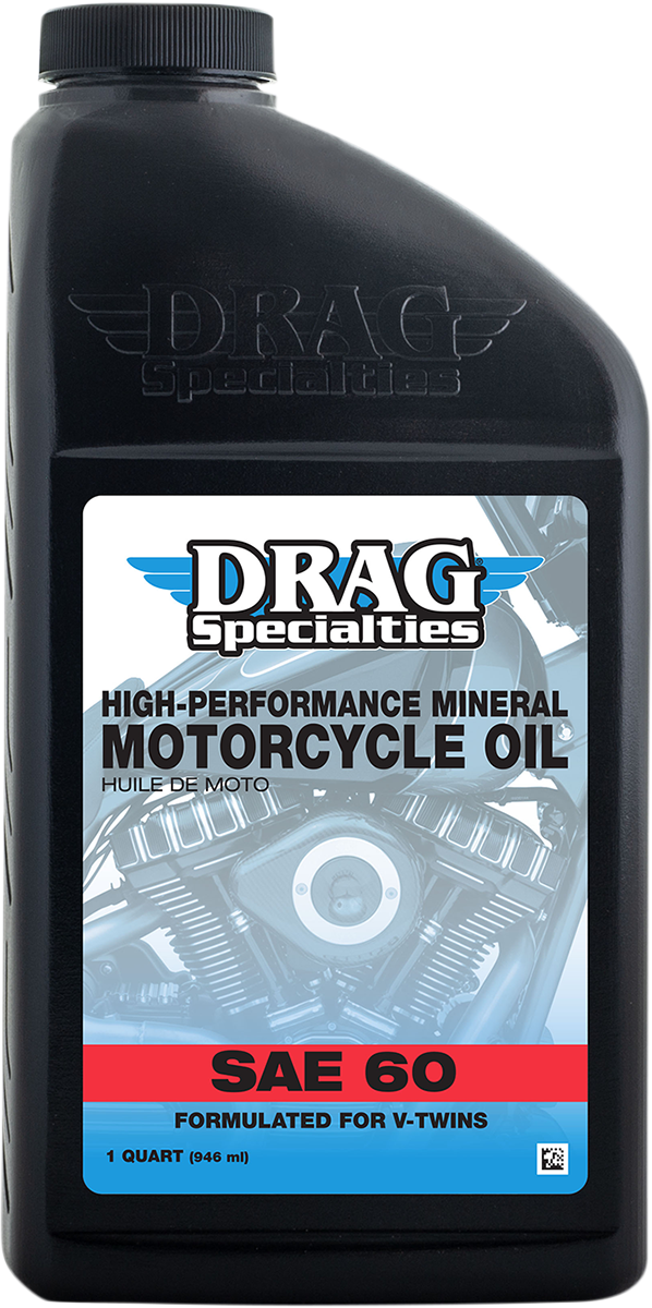 Drag Specialties SAE 60 engine oil for pre-evolution V-twin engines, 1 quart bottle with label visible.