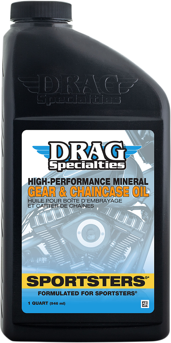 Drag Specialties Gear and Chain Oil for Harley-Davidson XL/XR motorcycles, 1 quart bottle, lubricates gears and chains effectively.
