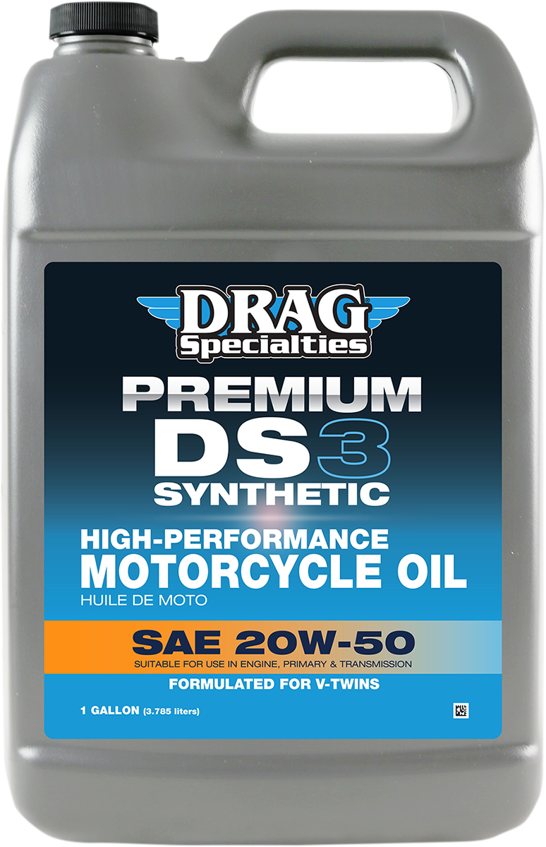 DRAG SPECIALTIES DS3 Synthetic 20W-50 engine oil for Harley-Davidson V-Twin motorcycles, 1-gallon container.