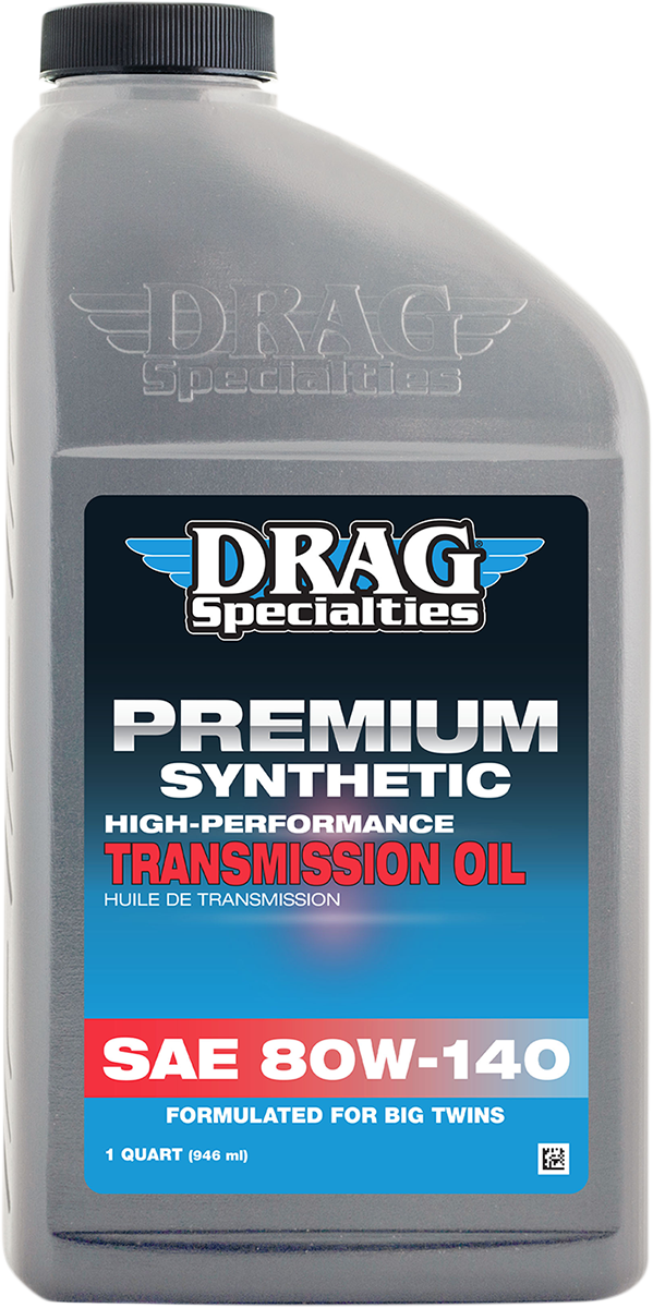 Drag Specialties Harley-Davidson transmission oil 80W-140 in a container, designed for Big Twin motorcycle transmission lubrication.