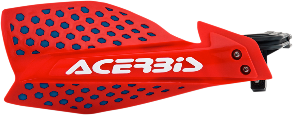 A pair of ACERBIS X-Ultimate handguards in red and blue mounted on a motorcycle handlebar.