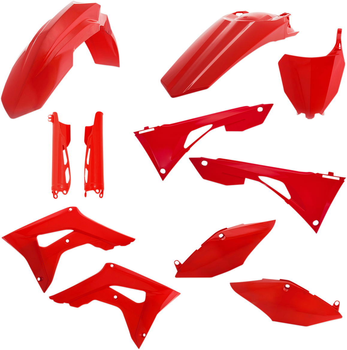 A red ACERBIS full replacement body kit for motorcycles, featuring sleek, aerodynamic design and detailed paneling.