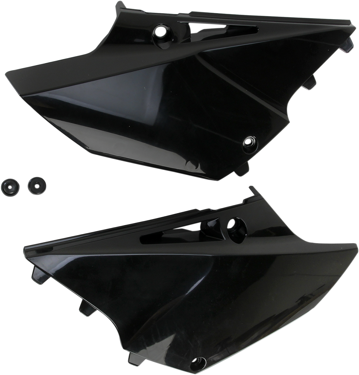Acerbis black side panels for motorcycle body, designed for durability and style, shown on a plain background.