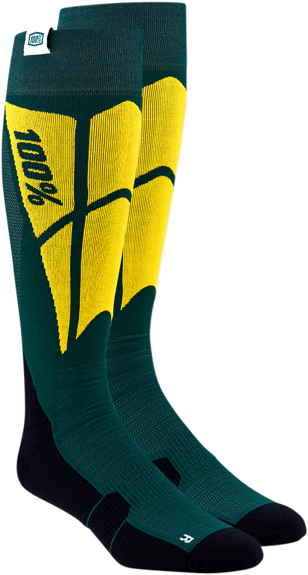 Bill's Exhausts 100% Hi-Side Performance Socks in green, small/medium size, showing the sporty design and fabric texture.