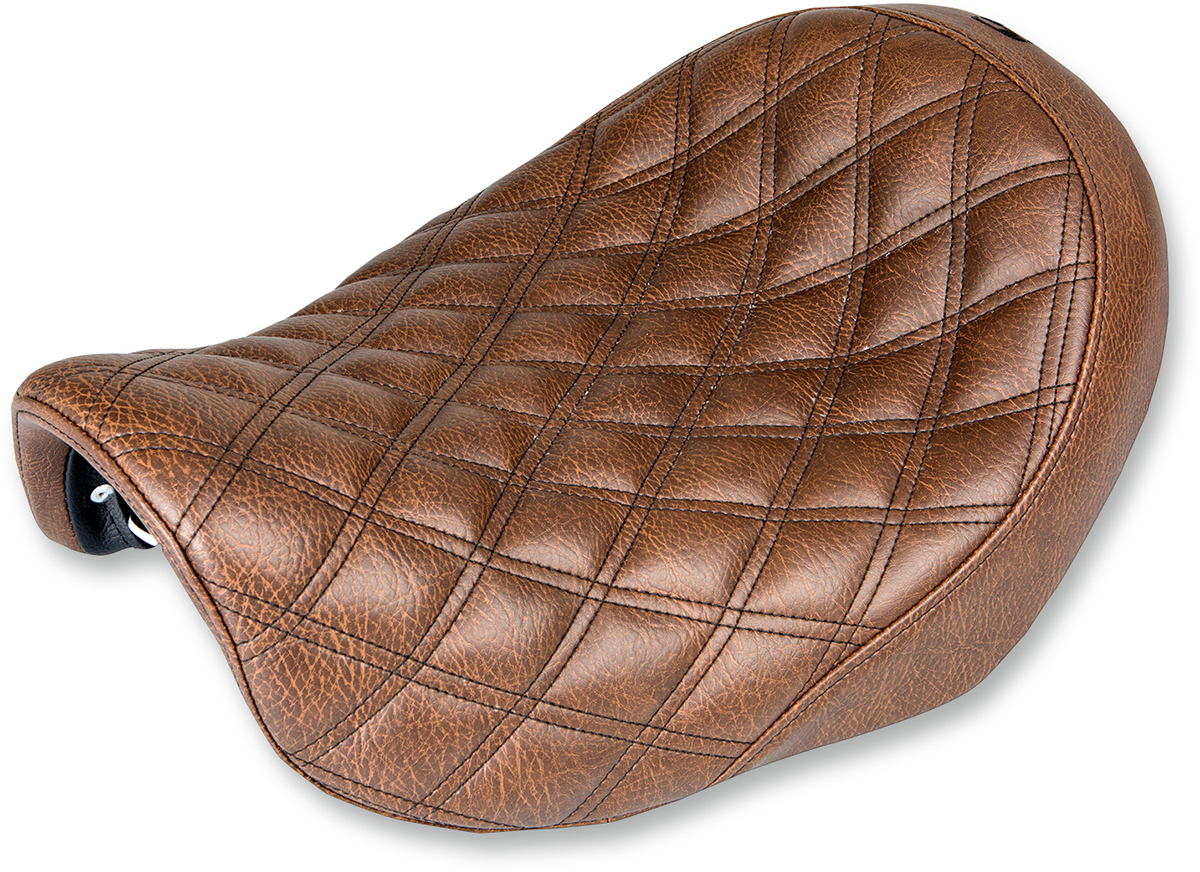 Brown SADDLEMEN Renegade Solo Seat with lattice stitching for Dyna motorcycles, featuring comfortable seat design and detailed stitching.