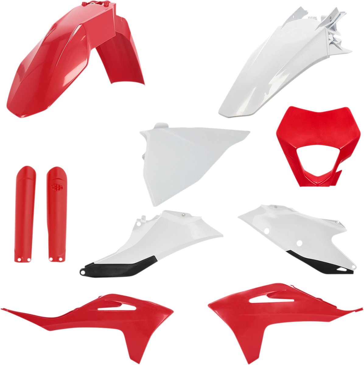 A full ACERBIS OEM red, white, and black motorcycle body kit installed on a bike, showcasing sleek, aerodynamic design.