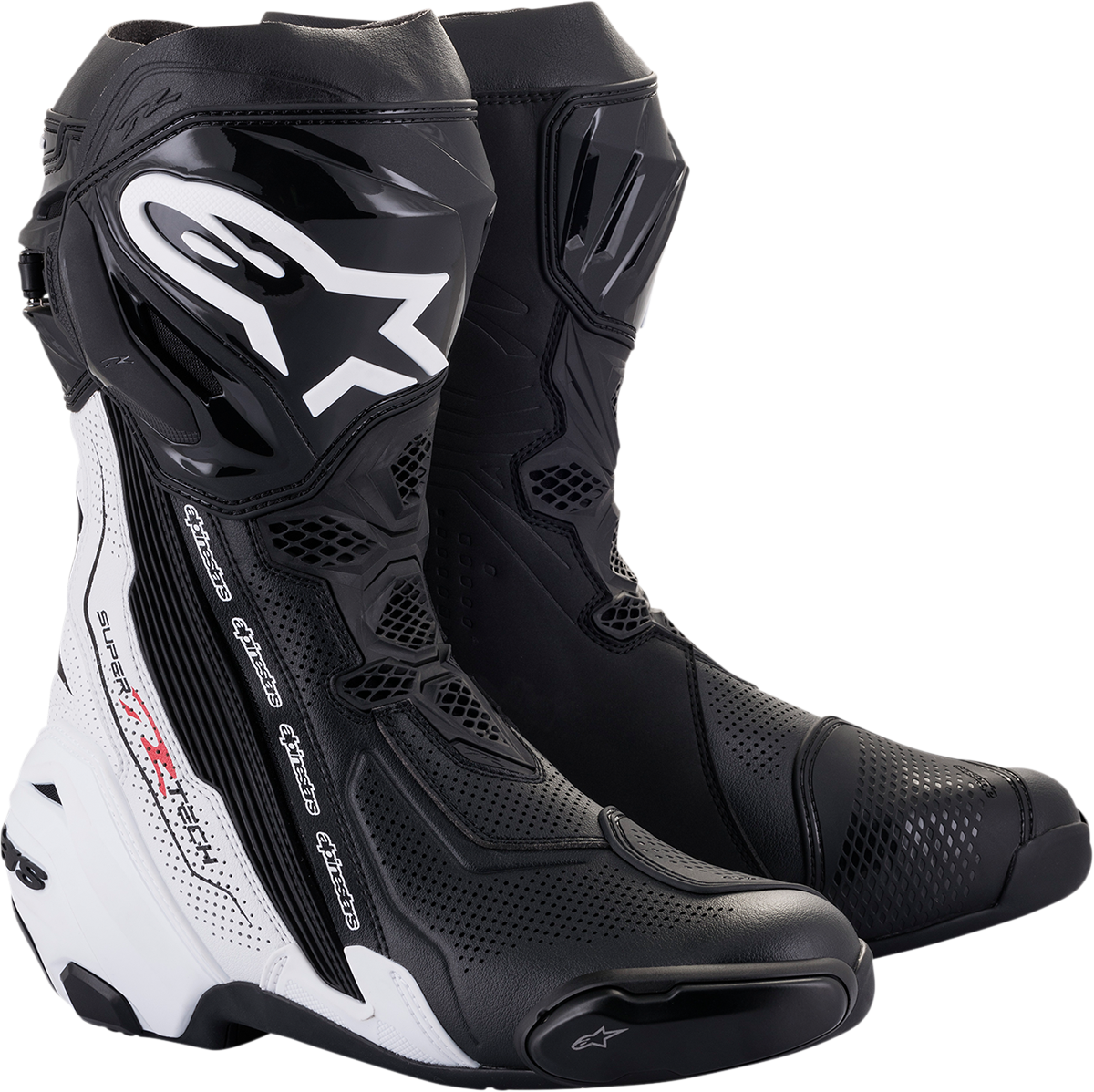 Alpinestars Supertech V motorcycle boots in black and white, US 9.5, featuring protective design and branding details.