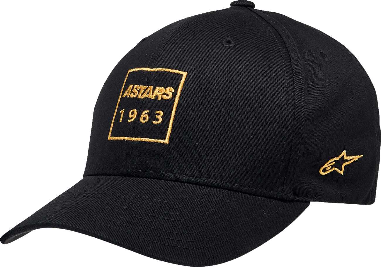 Black Alpinstars boxed hat in small/medium size, featuring a classic design with the Alpinstars logo.