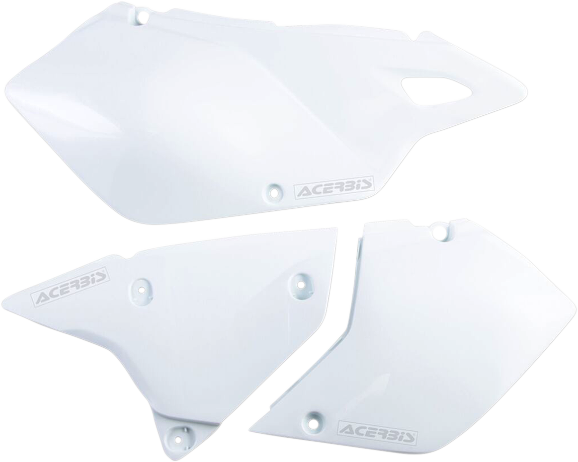 Acerbis white side panels for motorcycle body, with sleek design and branding, designed to fit Bill's Exhausts models.