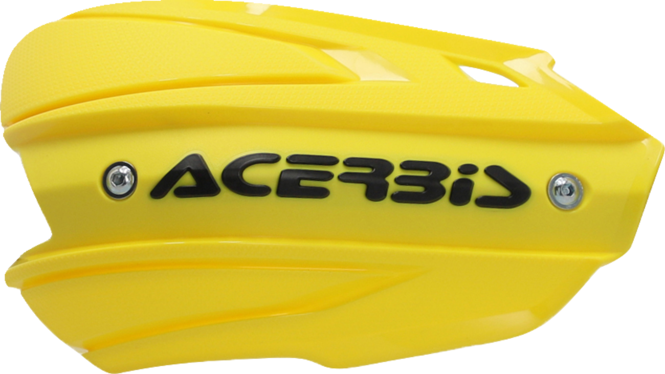 A close-up of yellow and black ACERBIS Endurance X handshields for motocross, displayed on a body mannequin.