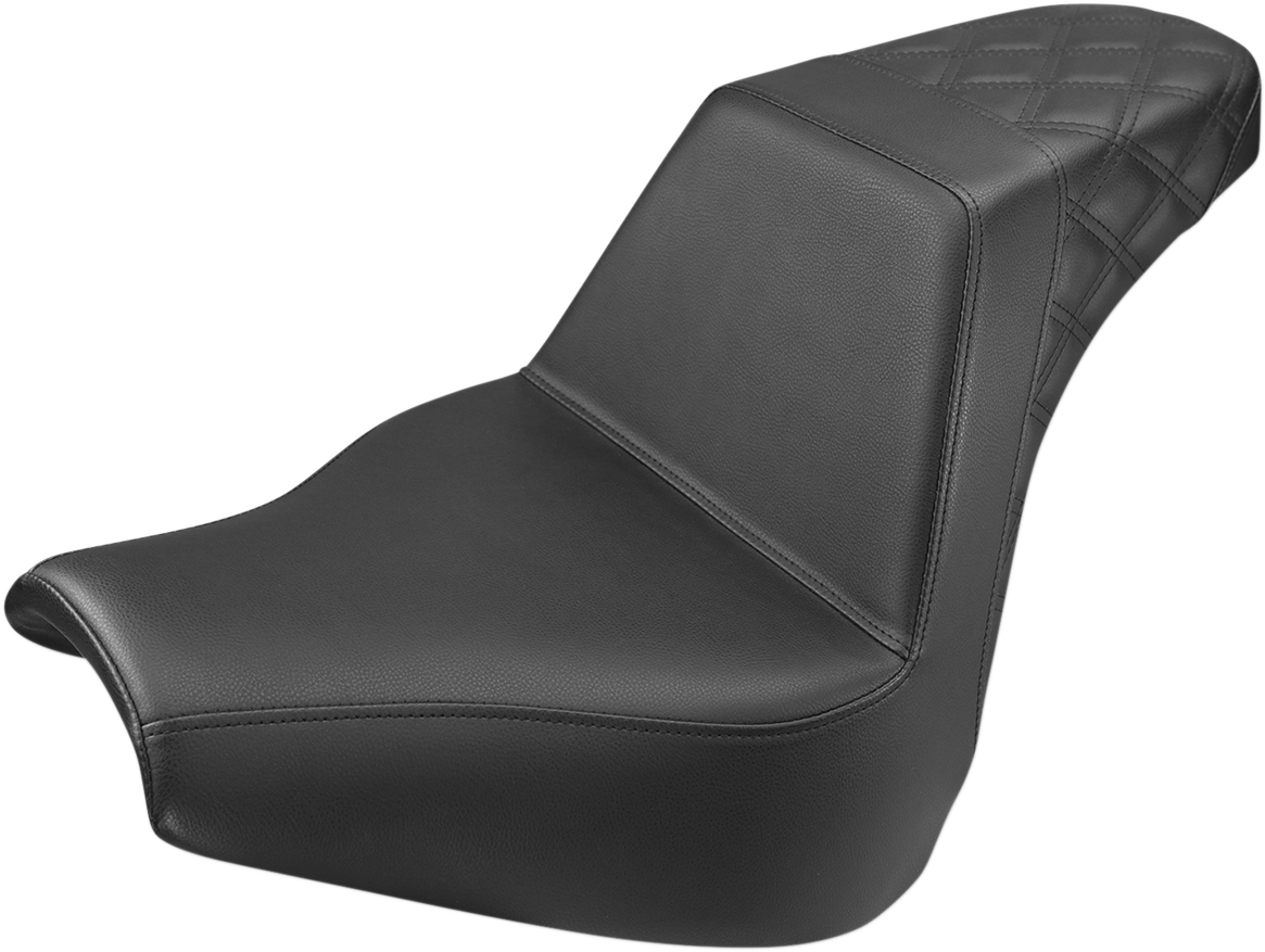 Black Saddlemens Step-Up Seat with rear lattice stitch for motorcycles, featuring a sleek design and durable construction.