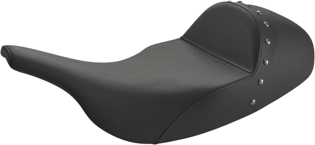 Bill's Exhausts SADDLEMEN Solo Seat with studded design, featuring sleek black leather and detailed stud embellishments.
