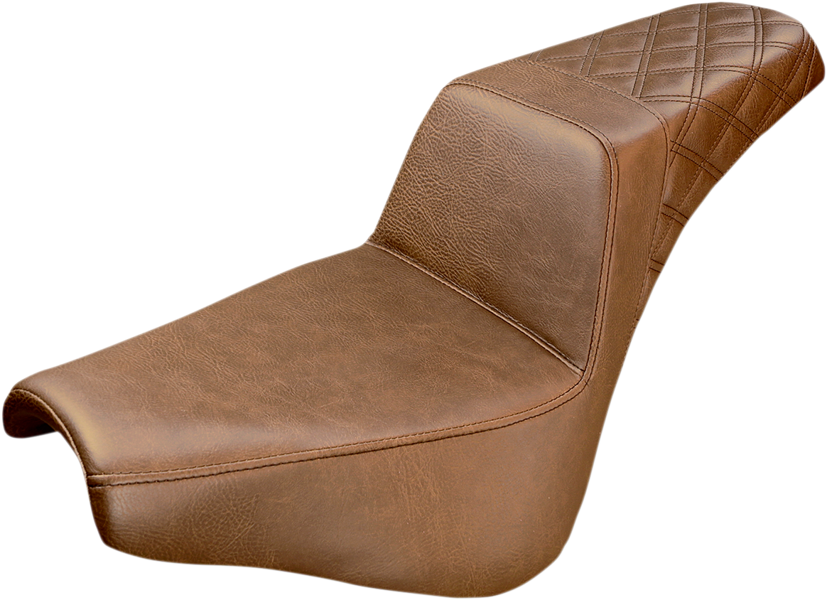 Brown Saddlemens Step-Up Seat with rear lattice stitch detail, designed for motorcycle seats, by Bill's Exhausts.