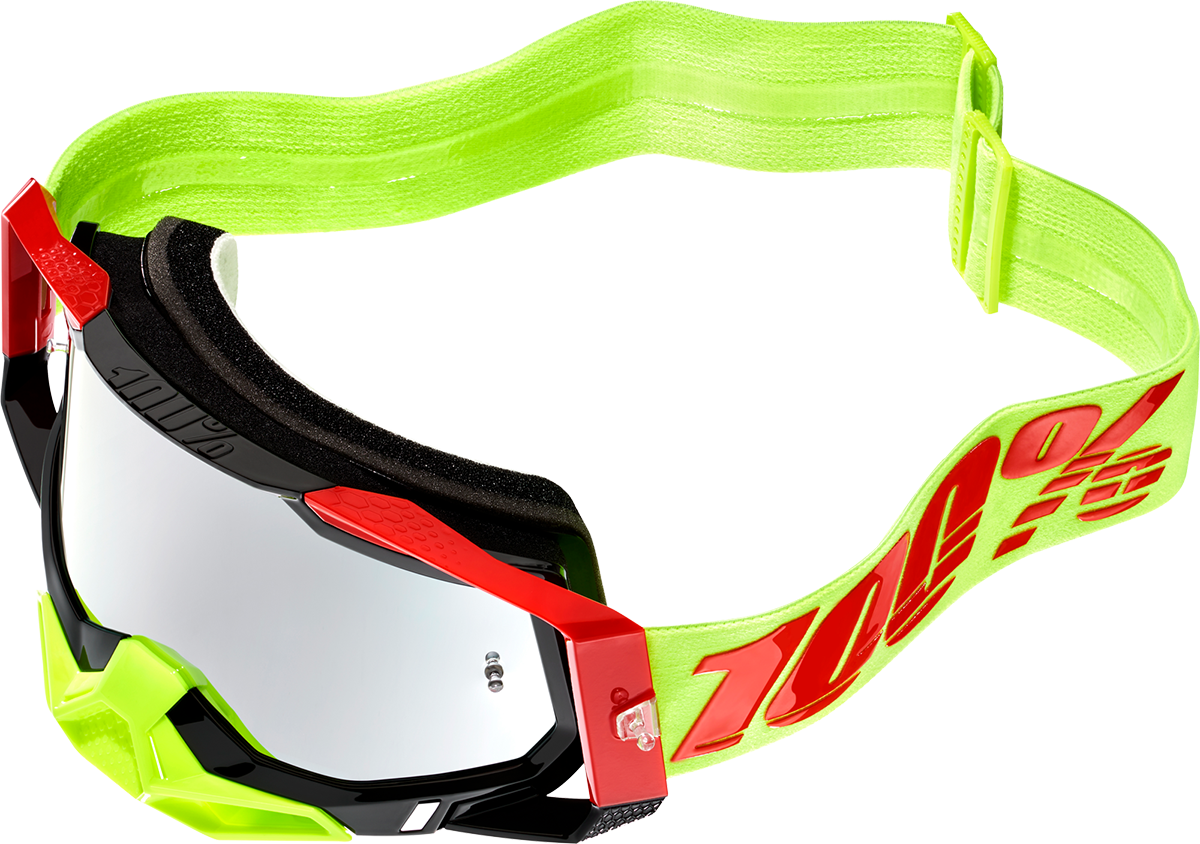 Bill's Exhausts 100% Racecraft 2 Goggles Wiz Flash Silver with tinted lenses and adjustable strap for motocross riding.