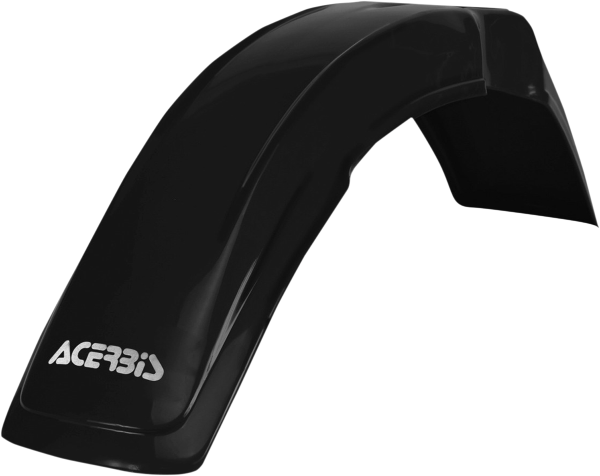 Black ACERBIS Nost front fender for motorcycle, shown as a sleek, curved body part with mounting points, designed for durable protection.