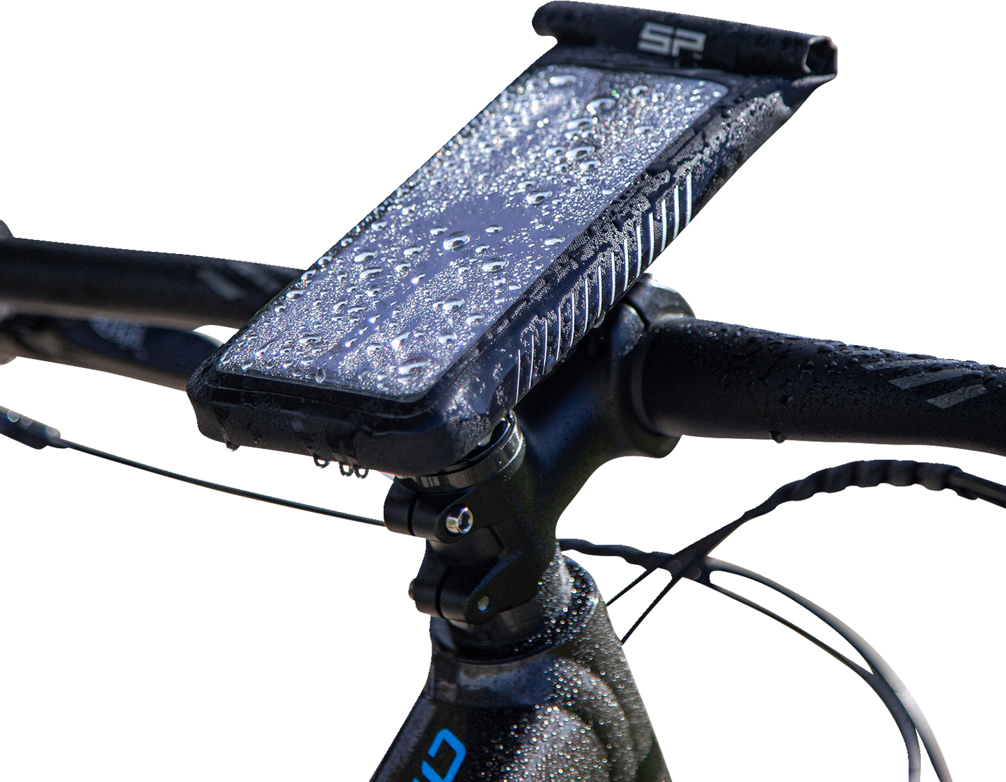 Universal SP CONNECT phone holder kit by Bill's Exhausts, showing the adjustable mount and phone cradle attached to a bike handlebar.