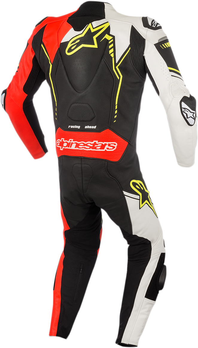 Alpinestars GP Plus v2 1-piece leather motorcycle suit in black, white, red fluorescent, and yellow fluorescent, US 44 / EU 54.