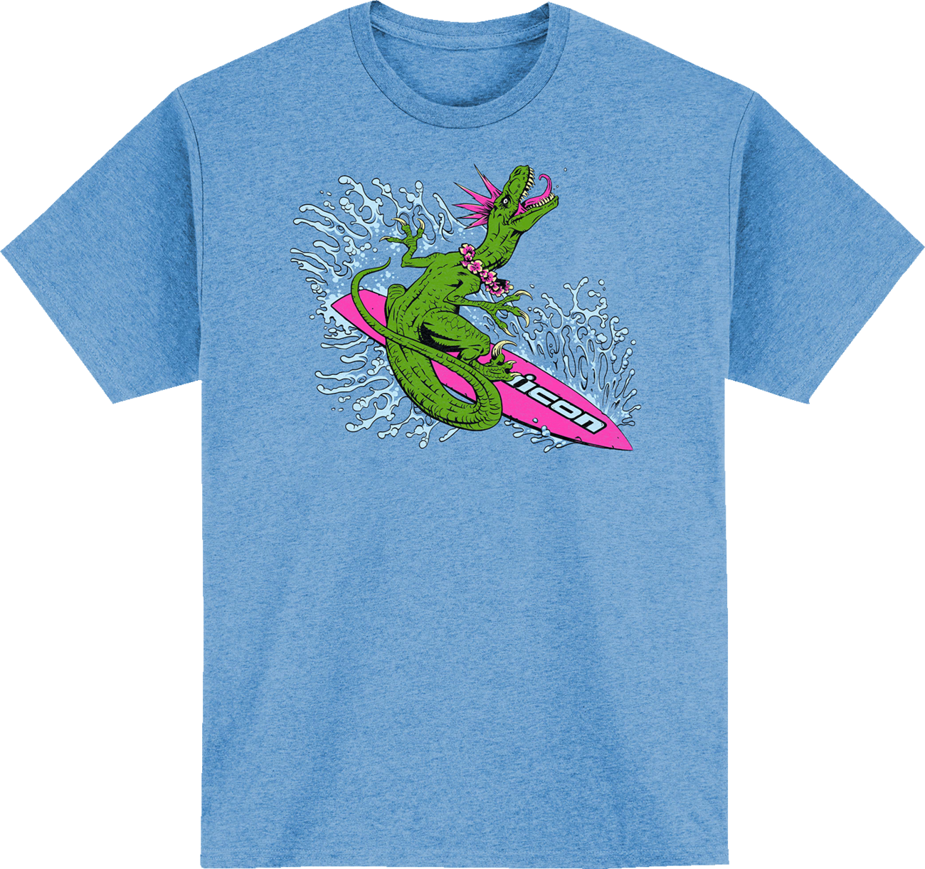 Bill's Exhausts ICON Dino Fury™ T-Shirt in Light Heather Blue, Small, with colorful dinosaur graphic on front.