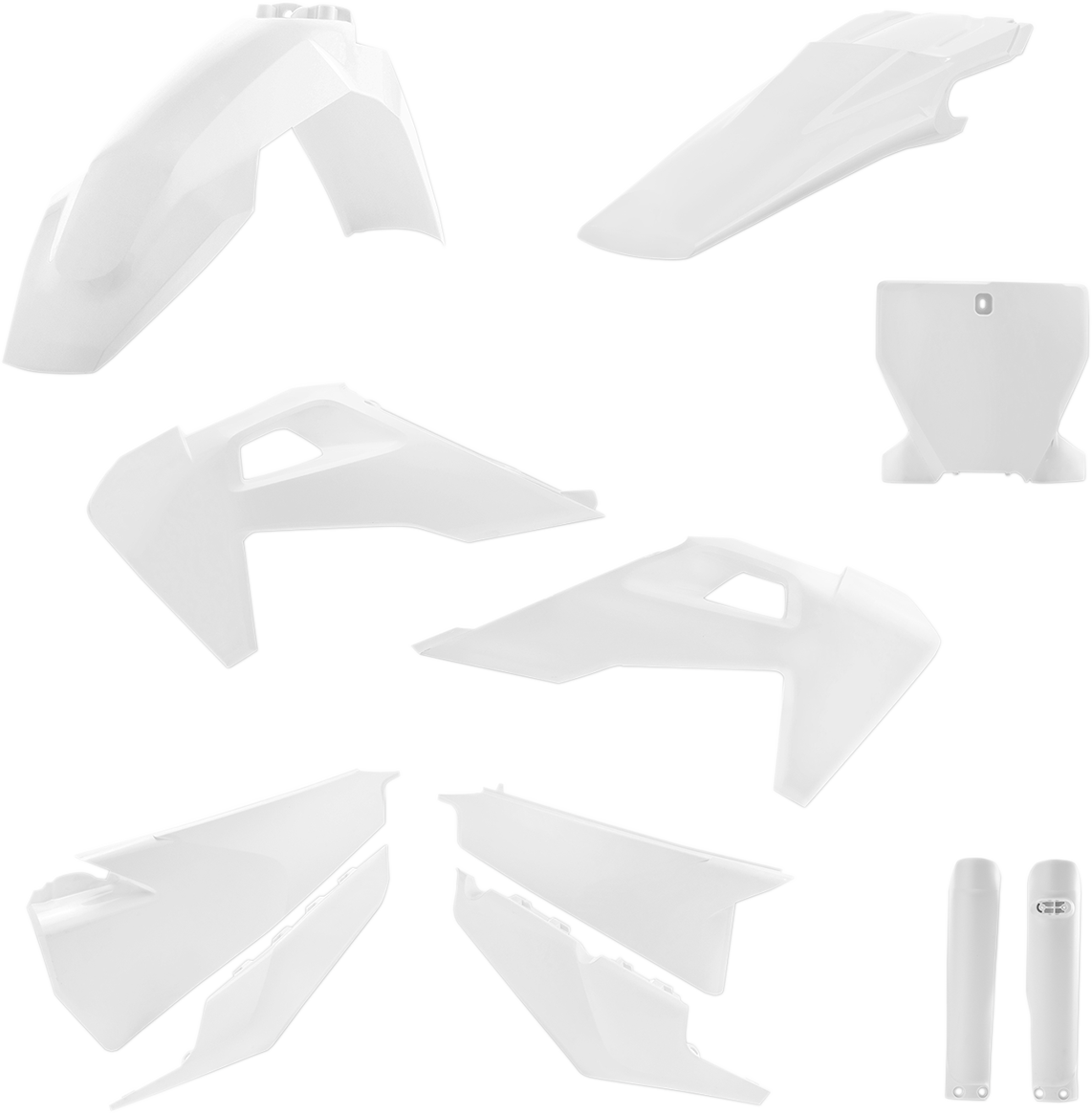 A white Acerbis full replacement body kit for a motorcycle, featuring smooth panels and aerodynamic design.