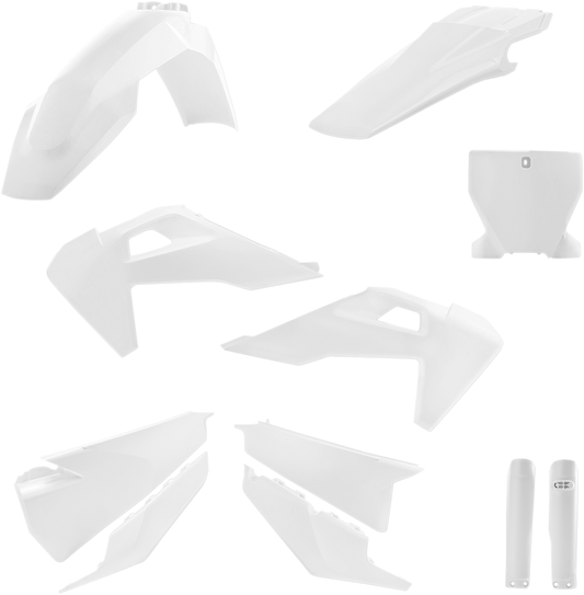 A white Acerbis full replacement body kit for a motorcycle, featuring smooth panels and aerodynamic design.