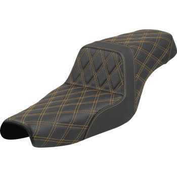SADDLEMEN Step-Up Seat with lattice and gold stitching for XL motorcycles, featuring a sleek design and durable construction.
