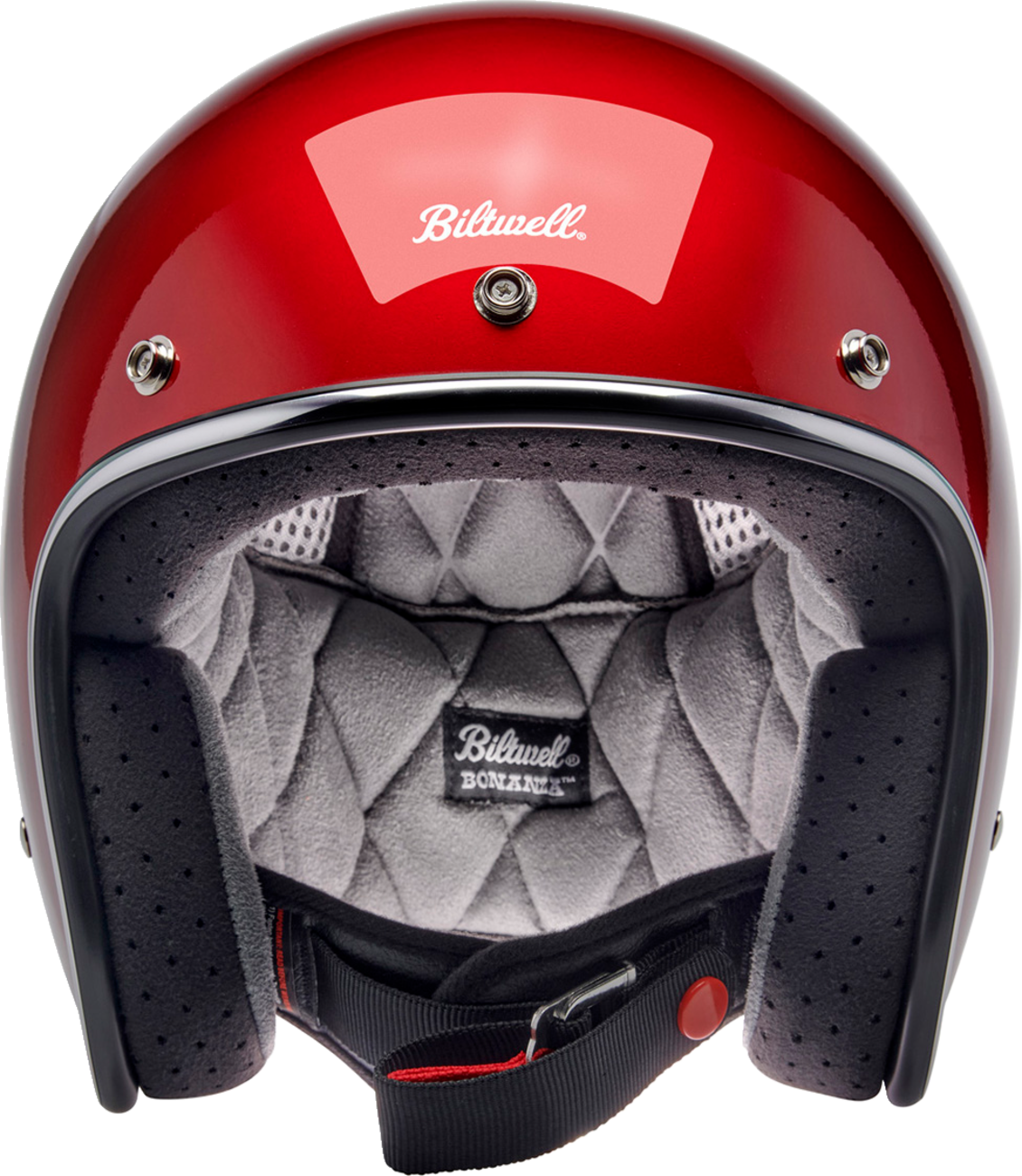 BILTWELL Bonanza helmet in metallic cherry red with matte finish, medium size, featuring sleek design and ventilation vents.
