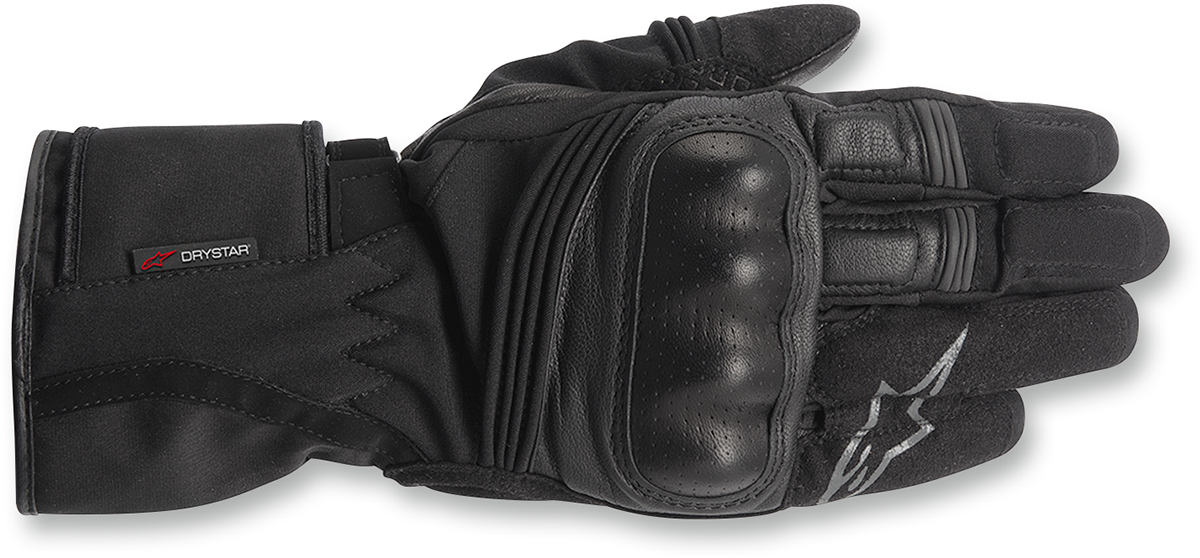Alpinestars Valparaiso Drystar gloves in black, small size, showing the textured leather and protective features for motorcycle riding.
