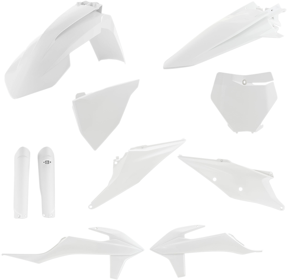 A white Acerbis full replacement body kit for motorcycles, designed for a seamless fit and custom styling.