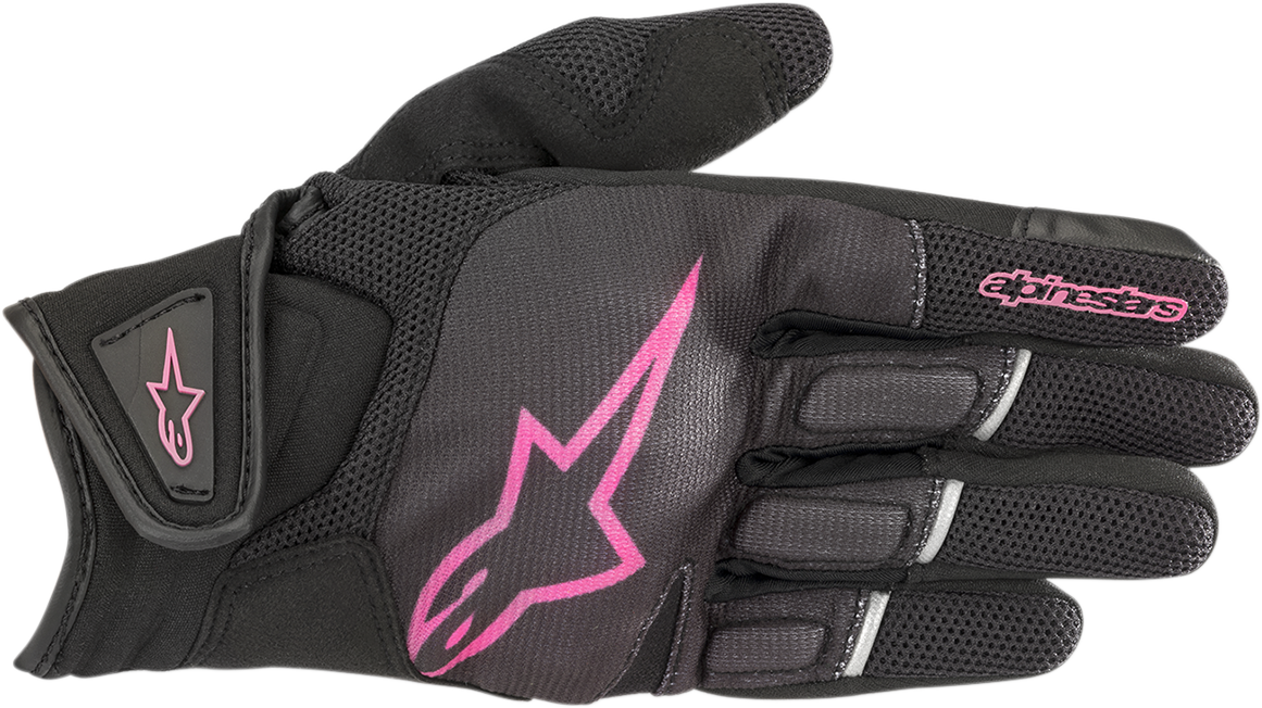 Black and fuchsia Alpinestars Stella Atom women’s motorcycle gloves with protective padding and adjustable wrist strap.