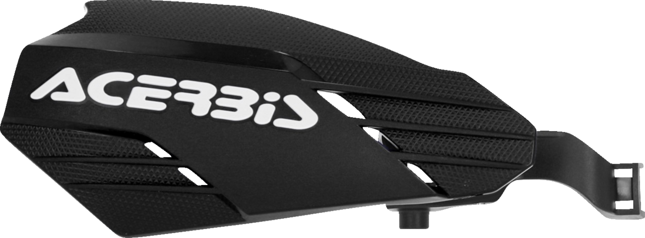 Acerbis K-Linear handguards in black and white, mounted on motorcycle handlebars, offering protection and style.