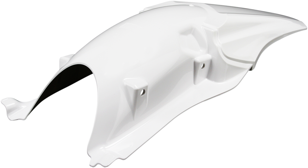 A white Acerbis rear fender for motorcycle, mounted on a bike, showcasing its sleek body design and durable plastic material.