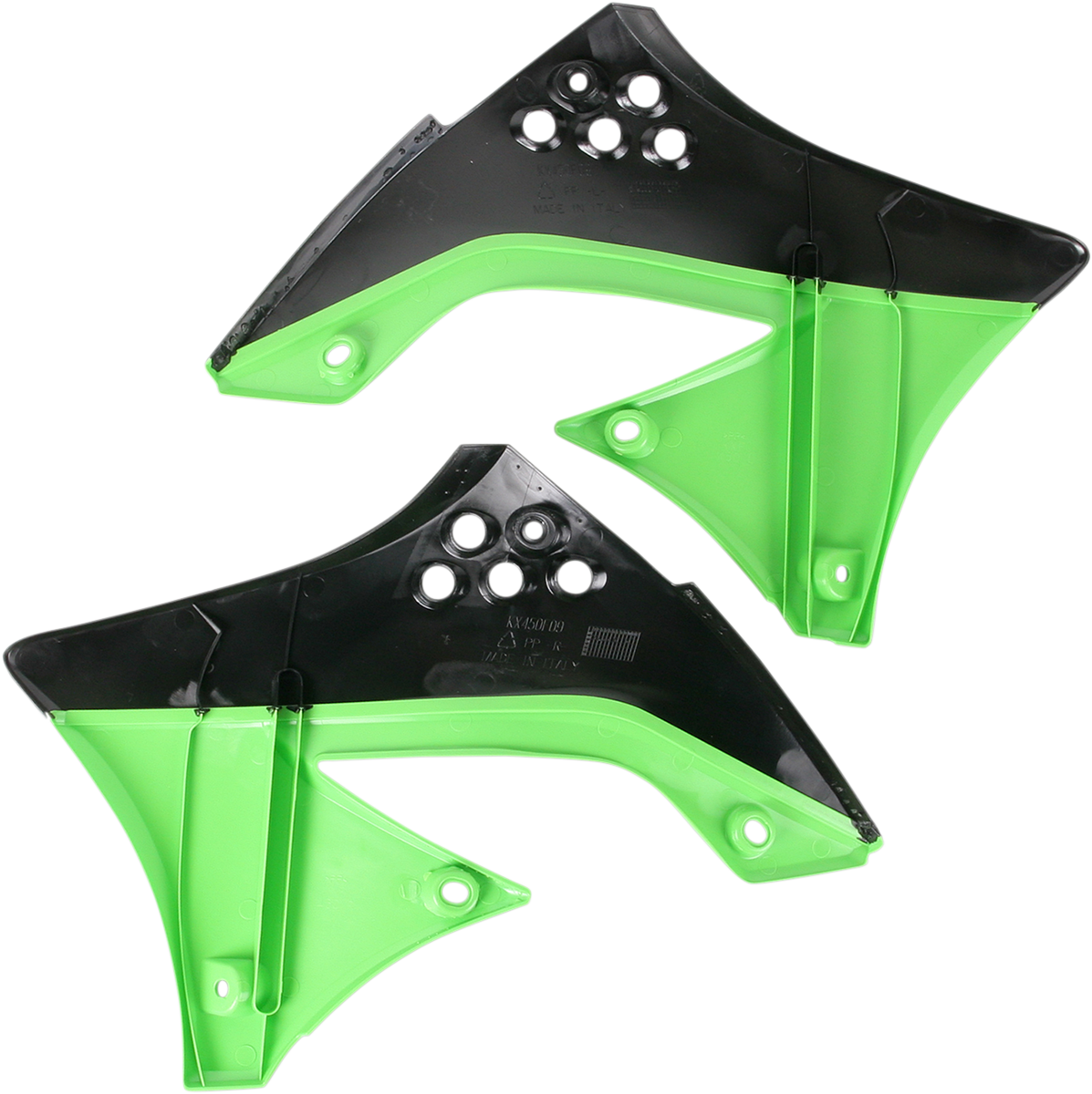 Acerbis radiator shrouds in black and green for off-road motorcycle, designed to protect and enhance bike appearance.