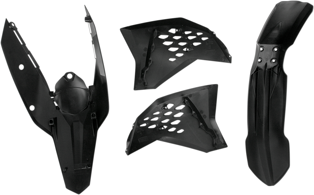 A black Acerbis standard replacement body kit for motorcycles, featuring sleek panels and parts for a custom bike upgrade.