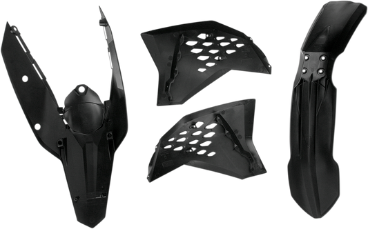 A black Acerbis standard replacement body kit for motorcycles, featuring sleek panels and parts for a custom bike upgrade.