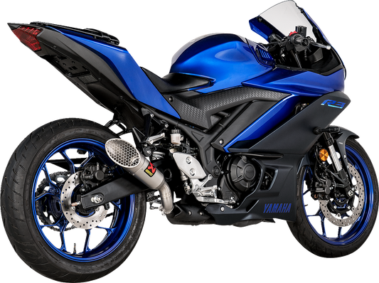 Titanium end cap R3 Akrapovic slip-on exhaust muffler for Yamaha YZF-R3/MT-03 2022-2025, by Bill's Exhausts.