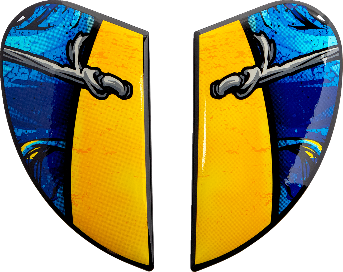 Blue ICON Airform™ Side Plates for Brozak helmet, made by Bill's Exhausts, shown in a close-up image of the helmet's side.