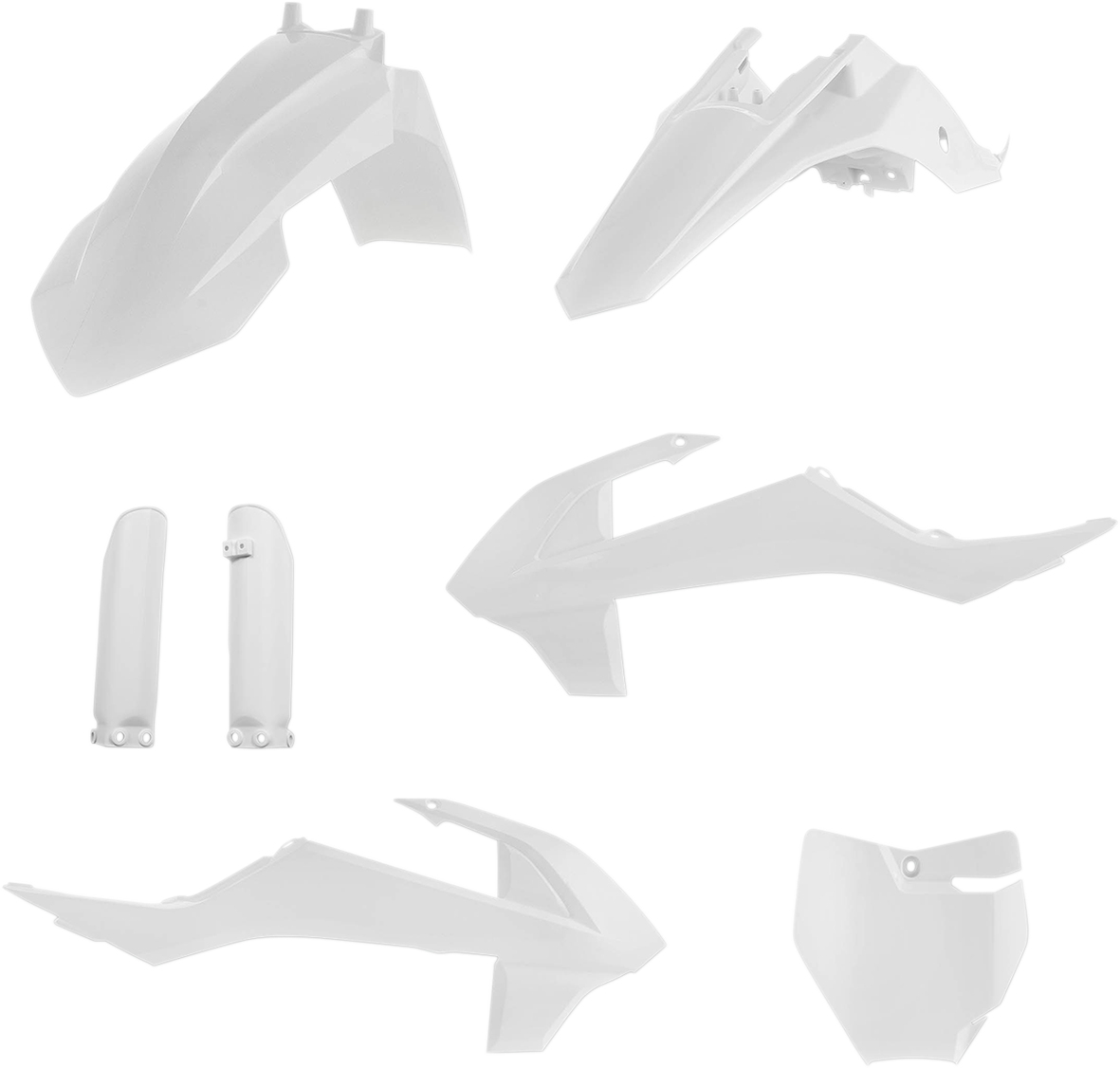 A white Acerbis full replacement body kit for motorcycles, displayed on a plain background.