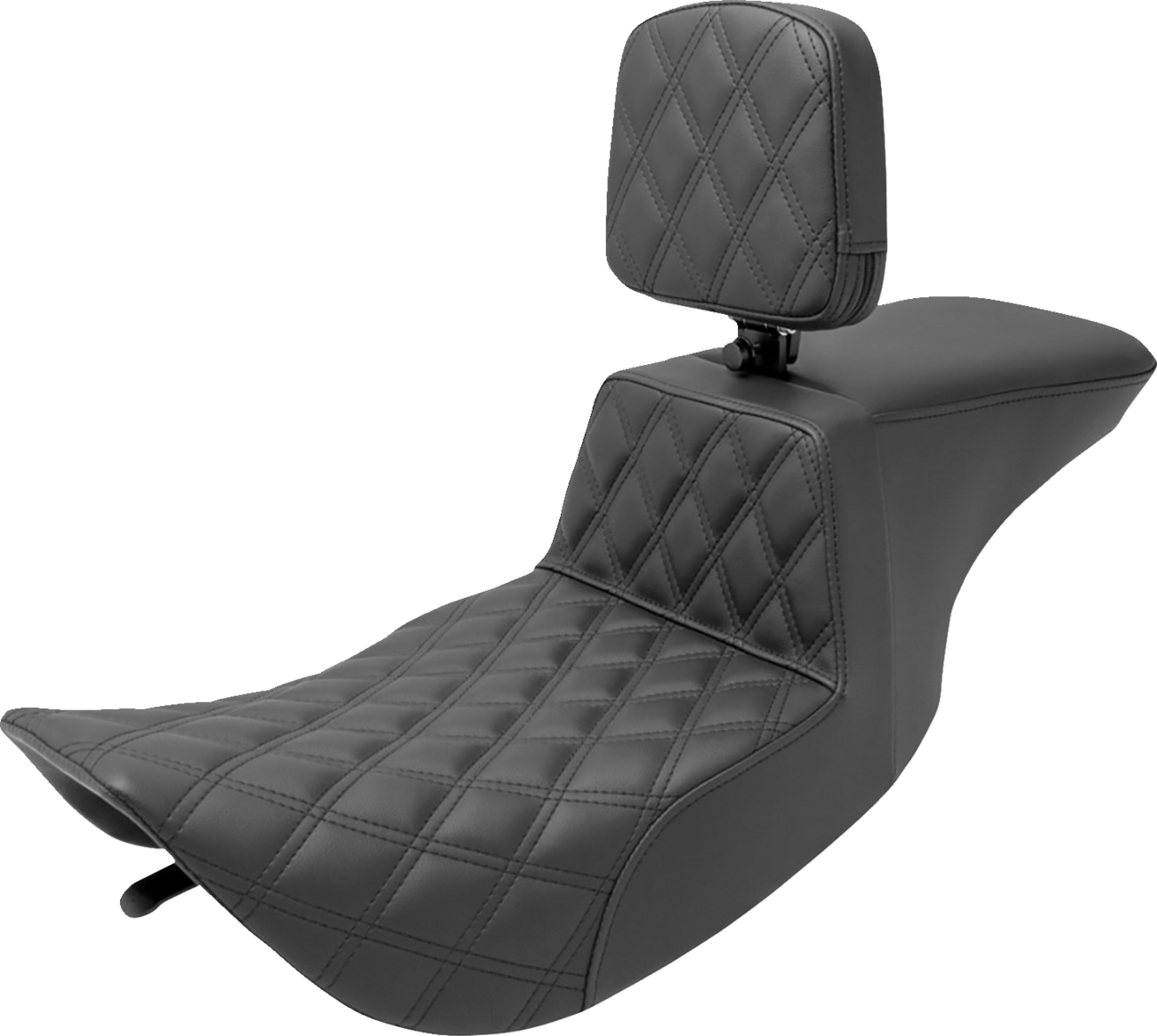 SADDLEMEN Tour Step Up Seat with rider backrest and front lattice stitch for FLHR/FLHX 1997-2007, shown with leather seat and stitching.